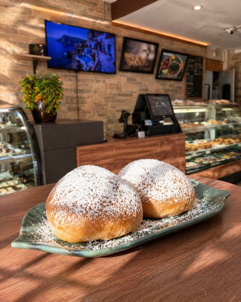 Pastry case with powdered treats and sweet breads at Sam's Armenian Bakery in Glendale